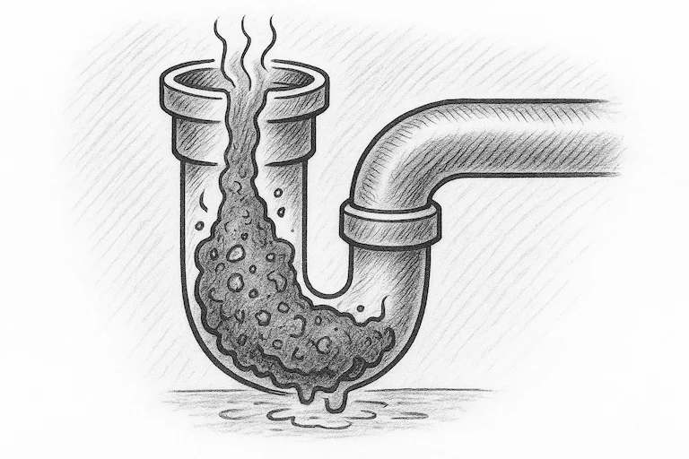Ilustrasi pipa mampet karena lemak – sketsa hitam putih yang menggambarkan bagaimana minyak goreng cair berubah menjadi padatan lengket di dalam saluran pipa, menimbulkan sumbatan bersama sisa makanan dan sabun. Gambar ini digunakan untuk edukasi mengenai bahaya pipa mampet karena lemak dan cara mengatasinya.