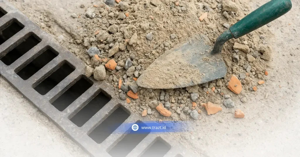 Gambar sisa semen dan pasir masuk ke pipa saluran pembuangan