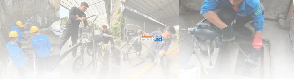 Foto teknisi sedang melakukan perbaikan pipa mampet, Trazt solusi perbaikan pipa terdekat
