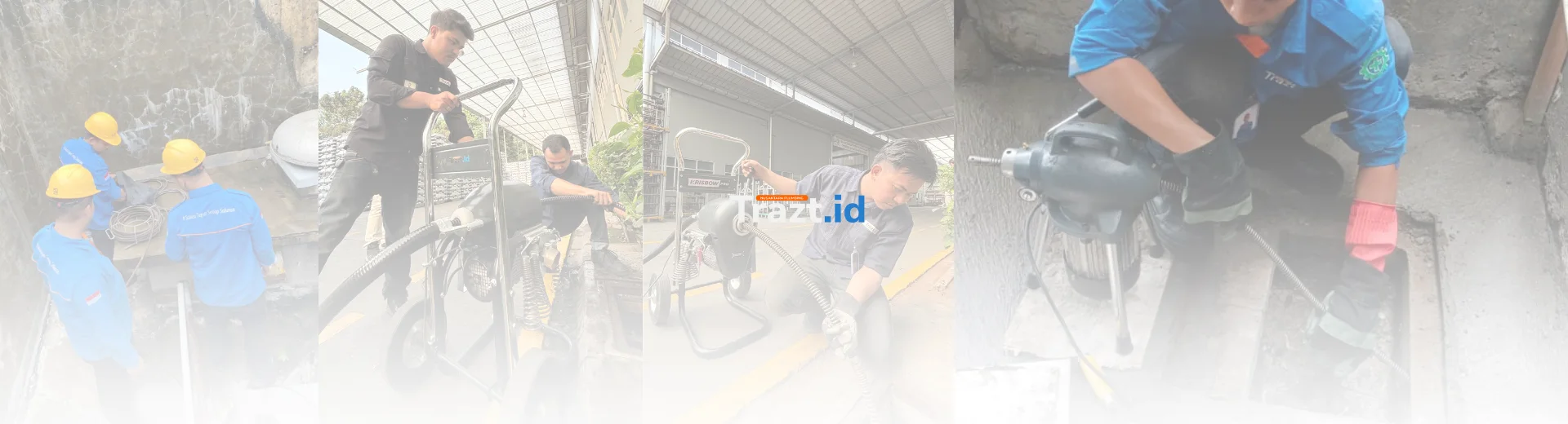 Foto teknisi sedang melakukan perbaikan pipa mampet, Trazt solusi perbaikan pipa terdekat 