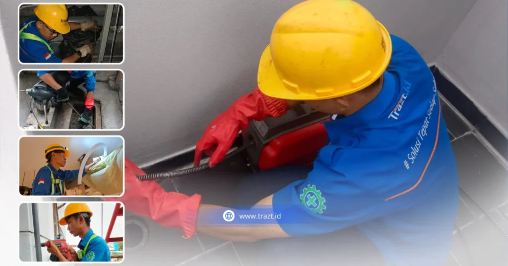 gambar tukang ledeng atau teknisi pipa sedang membersihkan saluran pipa yang mampet
